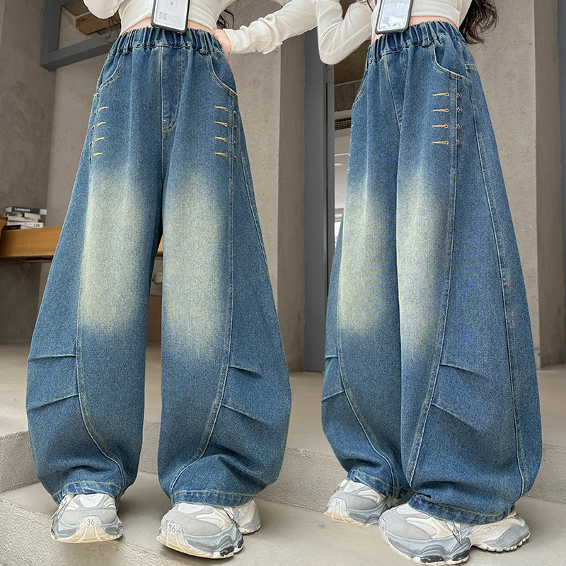

Kids New Designer High Fashion Scissors Cut Wide Leg Jeans For Teenage Girl Casual Street Trousers Children Loose Denim Pants