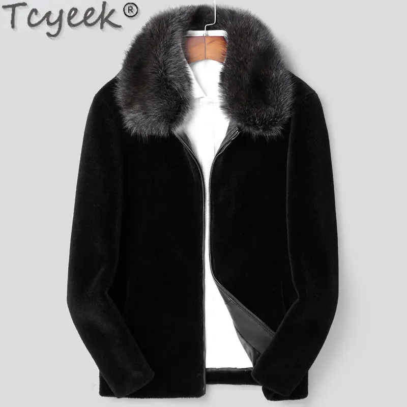 

Tcyeek Mens Real Fur Jacket Winter Warm Sheep Shearling Jacket Men Clothing Fashion Thick Wool Coat Male Raccoon Fur Collar LM