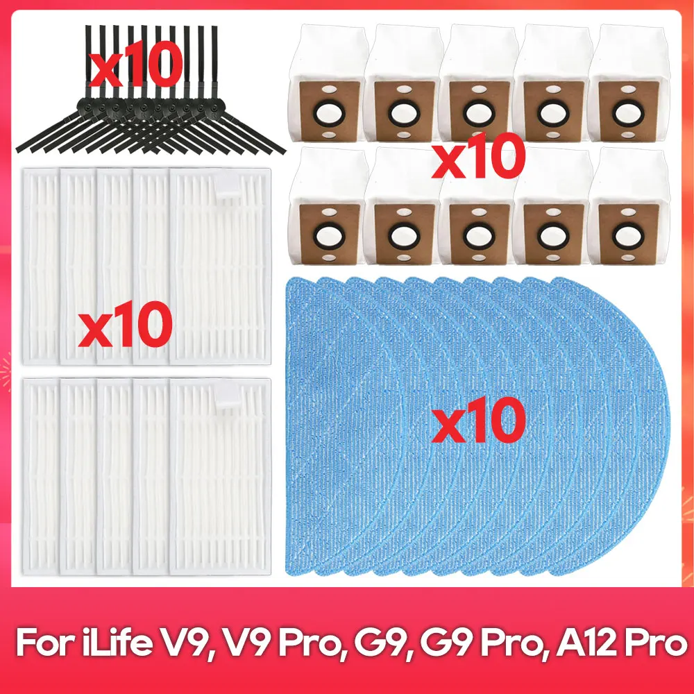 Fit For ( ILife V9, V9 Pro, G9, G9 Pro, A12 Pro ) Part Accessories Robot Vacuum Cleaner Side Brush Filter Mop Dust Bag