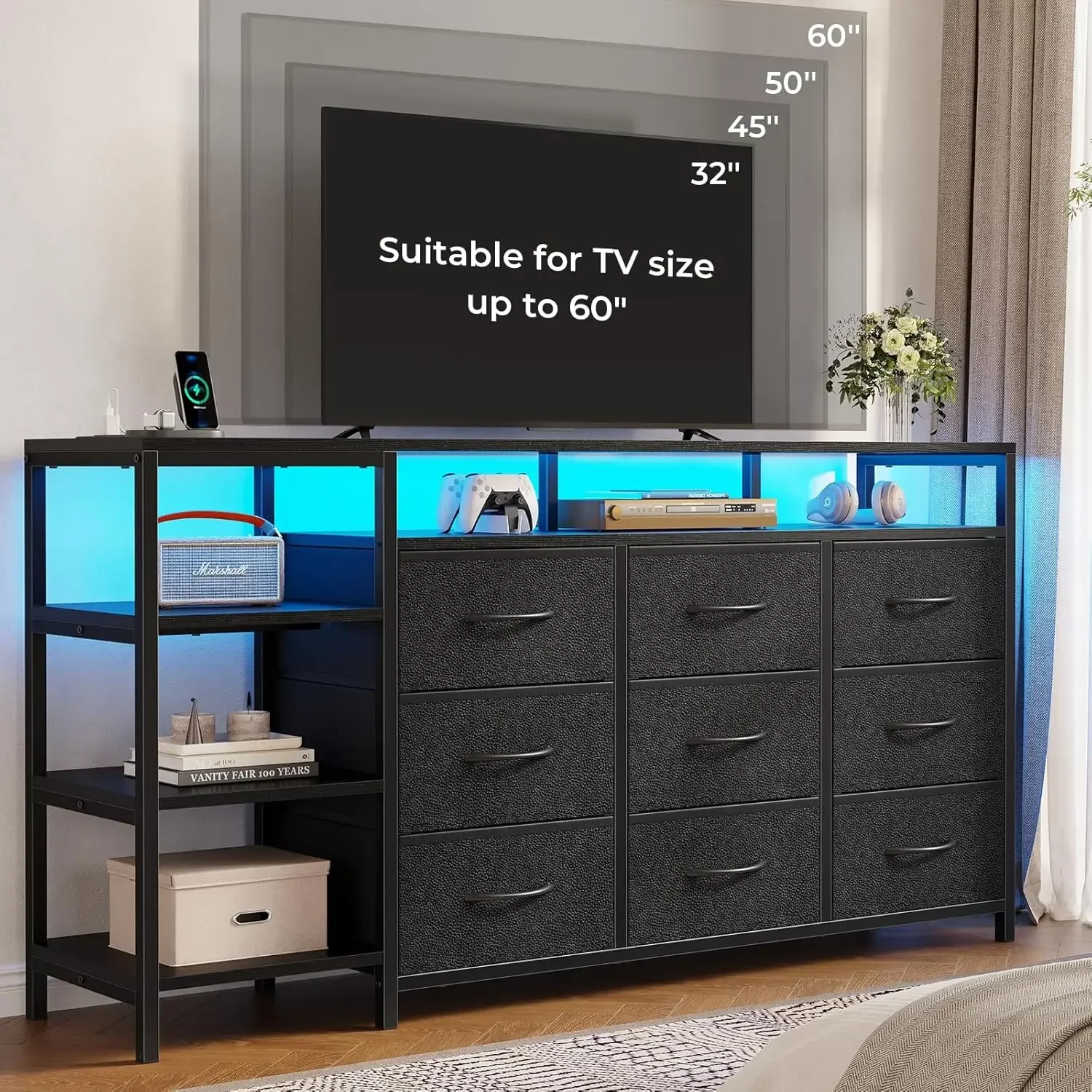 

Подставка для телевизора 60 дюймов, тумба с зарядной станцией и LED-подсветкой, 9 ящиков из ПУ и ткани, развлекательный центр