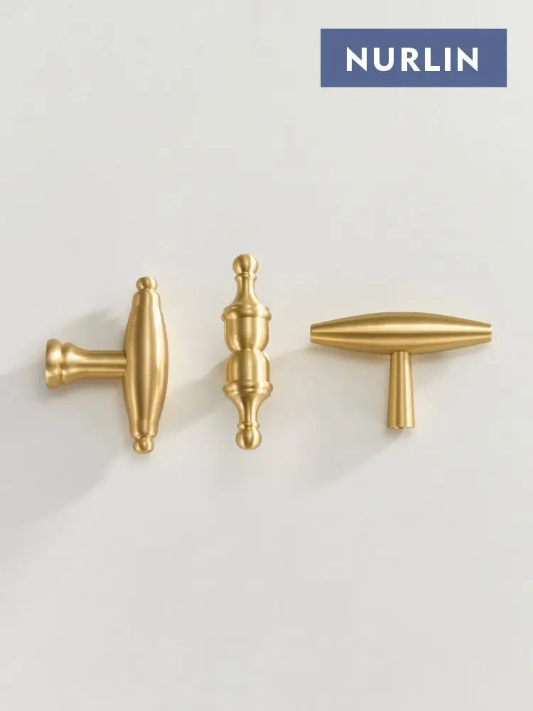 NURLIN Solid Brass T-bar Cabinets Doors Drawers Furniture Pastoral American European French Style Matte Gold Handle