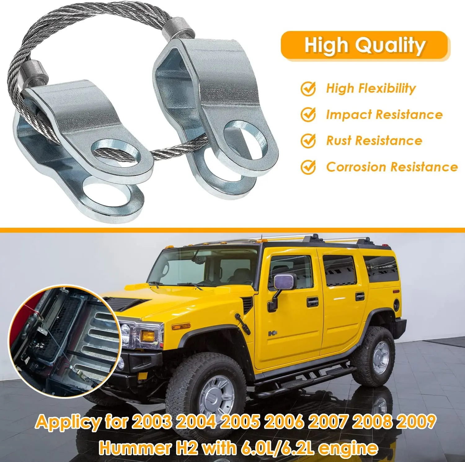 TML Front Right or Left Hand Side Stainless Steel Hood Check Cable Safety Catch Lock Line for Hummer H2 2003-2009