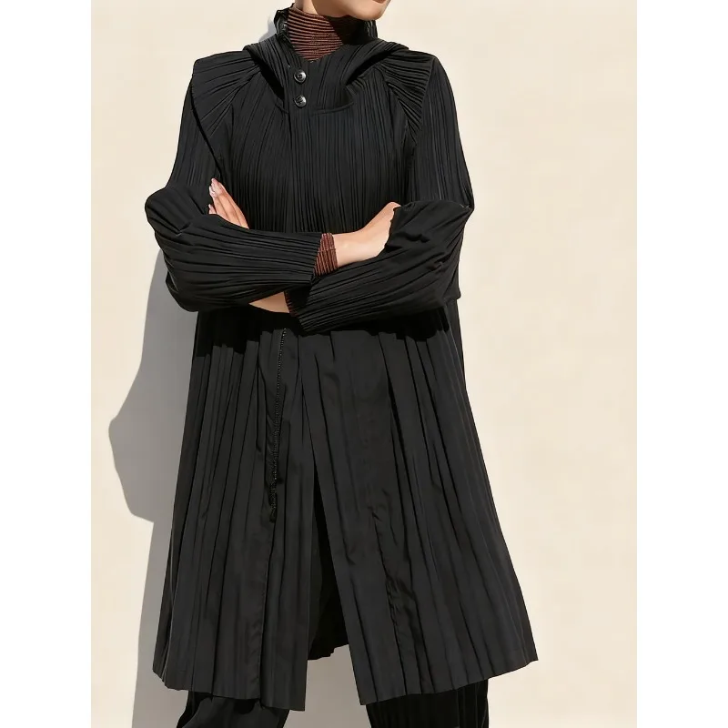 

Miyake Pleated Autumn New Solid Color Jacket Women's Hooded Windbreaker Fashion Casual Loose Jacket Korean Large Size Clothing