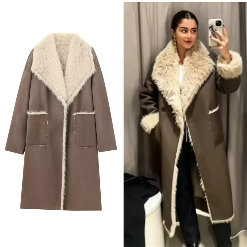 Guobioziy Women's Jacket 2026 Autumn/Winter New Fashion Simple Versatile Reversible Long Warm Faux Fur Coat