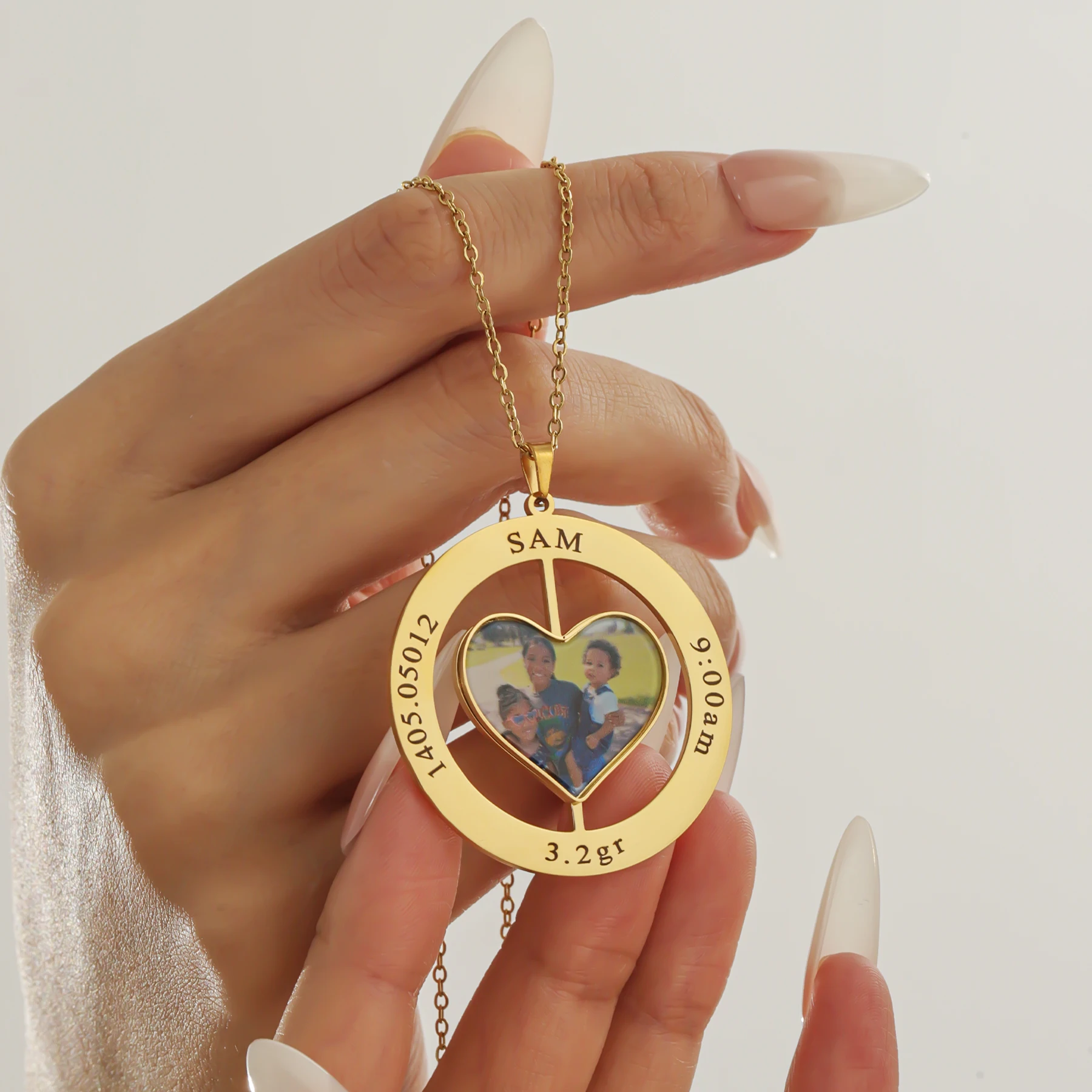 Custom Birth Stats Necklace Personalized With Heart Photo Stainless Steel Name Date Time Weight Disc Pendant Memorial Jewelry