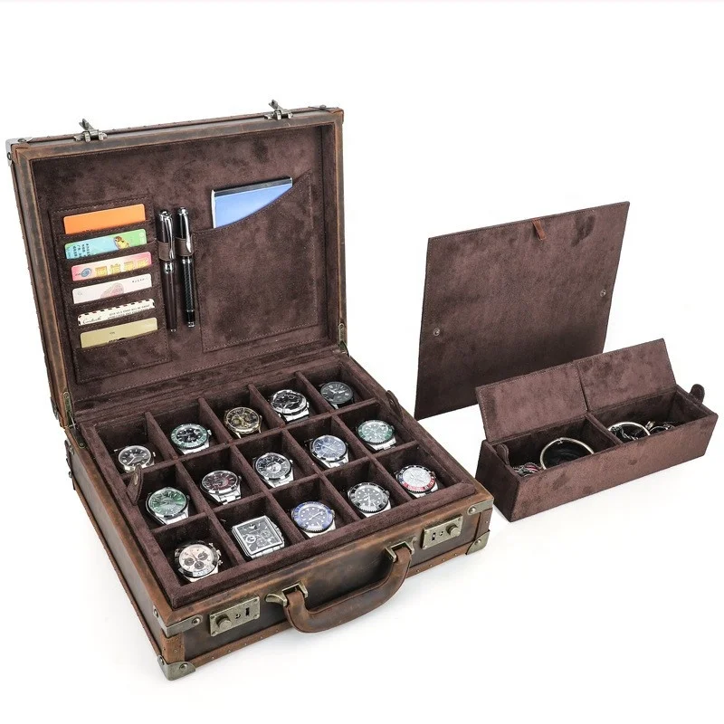 Handheld Vintage Crazy Horse Leather Watch Box 15-Slot Multi-Functional Genuine Leather Jewelry Watch Organizer Protective Water