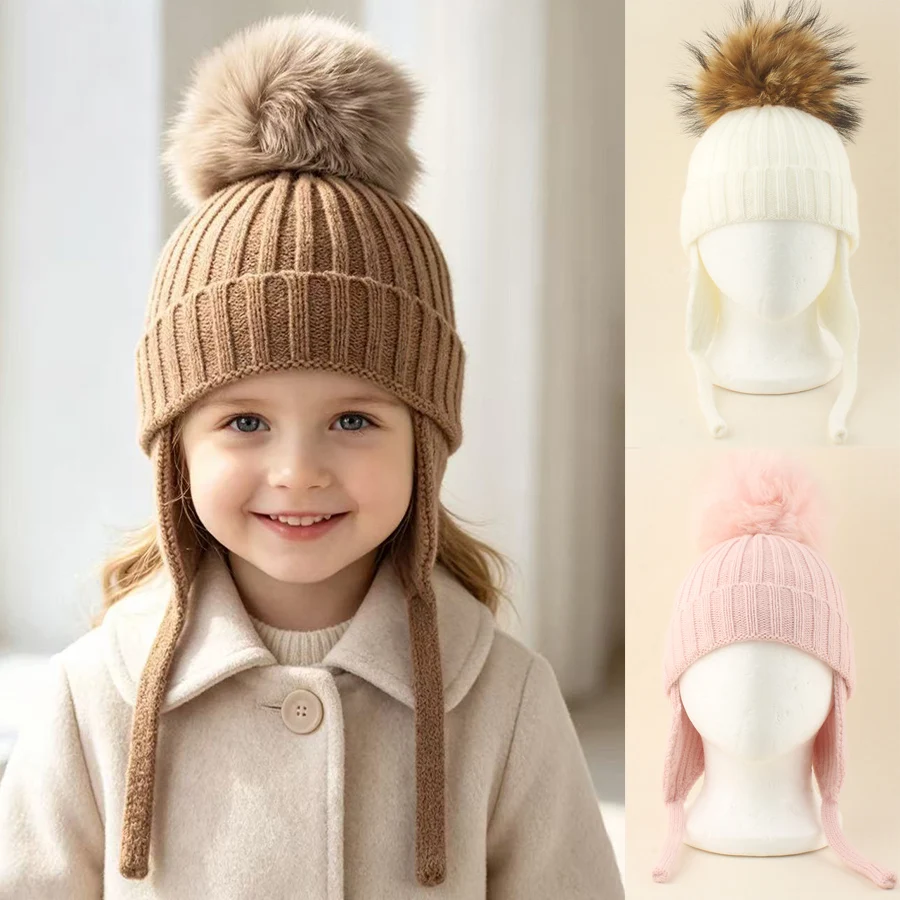 Bonnet à pompon en fourrure de renard véritable pour enfants, Skullies à oreillettes pour tout-petits, chapeau en laine pour bébé, bonnets chauds d'extérieur, automne et hiver