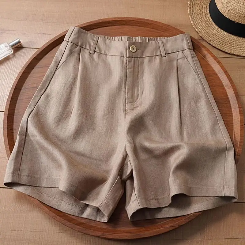Summer Office Lady Simplicity Flax Five Quarter Pants Women Clothing Casual Buttons Zipper Solid Color High Waist Trousers Women