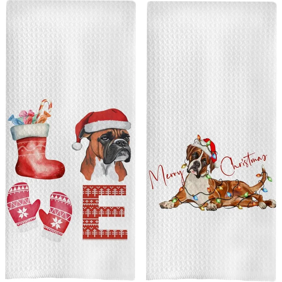 

Рождественский набор кухонных полотенец-боксеры, подарки для собак-боксеров, рождественские полотенца для рук для ванной комнаты, декор для собак-боксера, рождественские полотенца для чая