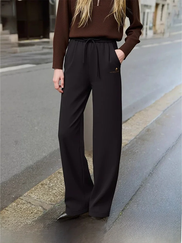 

Warm Fleece Wide Leg Pants Women's Casual Cotton Blend Trousers with Bear Letter Embroidery Black Comfortable Loose Fit Trousers