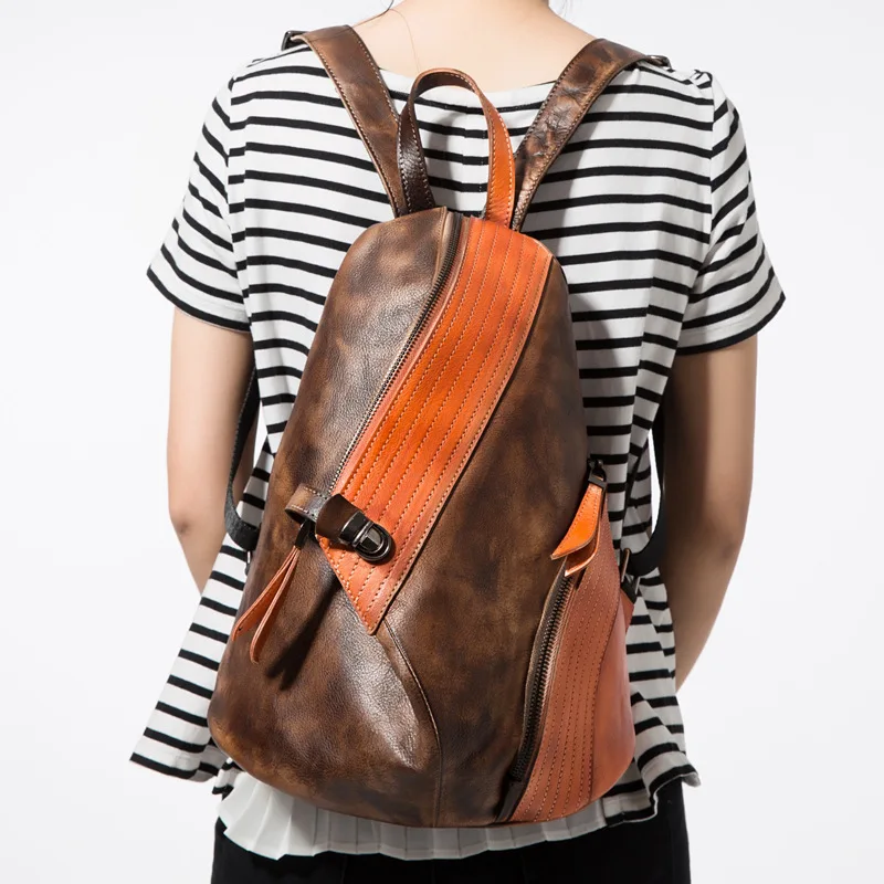 Top Cowhide Unisex Backpack Vintage Craft Hand-polished Color Fashion Genuine Leather Backpak Bag