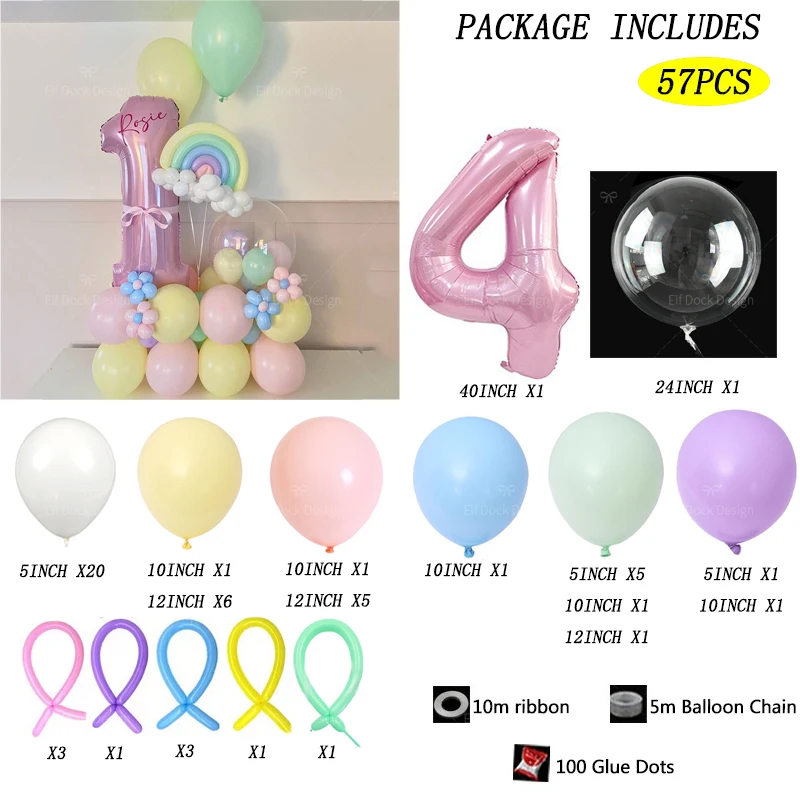 57pcs Rainbow Theme Balloon Column 40inch Pink Number 1-9th Girl Birthday Party Favors Baby Shower Decorative Balloons