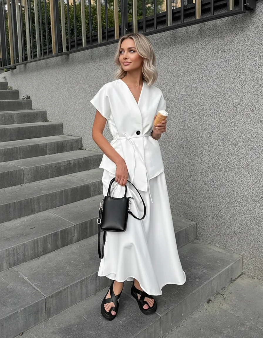 

Модный летний комплект 2026: Элегантный женский костюм из двух предметов — топ с V-образным вырезом и поясом, длинная юбка макси. Идеально для отпуска.