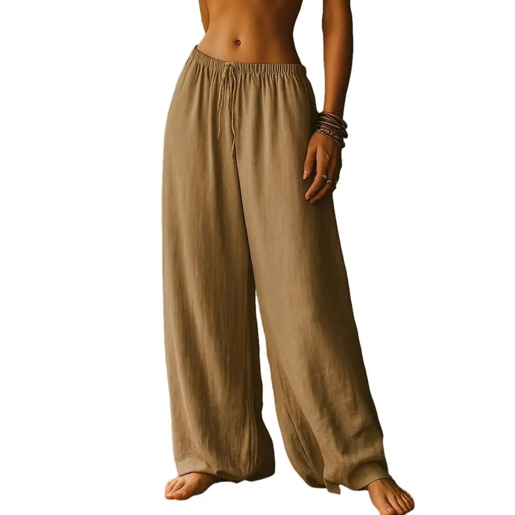 Summer Women Pants Elastic High Waist Adjustable Drawstring Wide Leg Loose Trousers Pure Color Lightweight Bohemian Pants