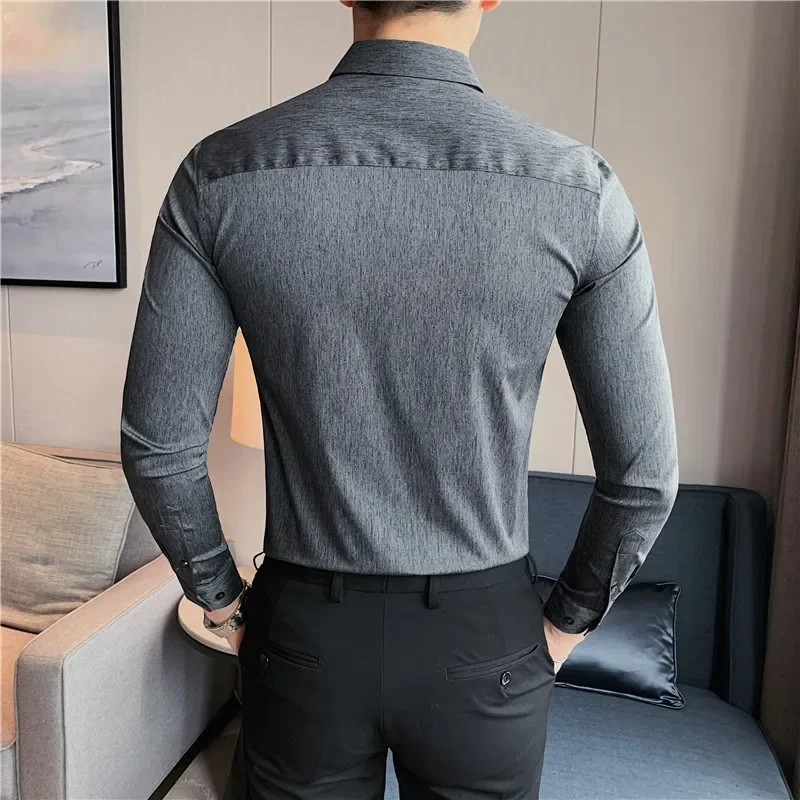 Men Shirt 2024 Autumn British Style Long Sleeved Anti-wrinkle Soft Solid Casual Elastic Slim Fit Camisas Y Blusas Men Clothing