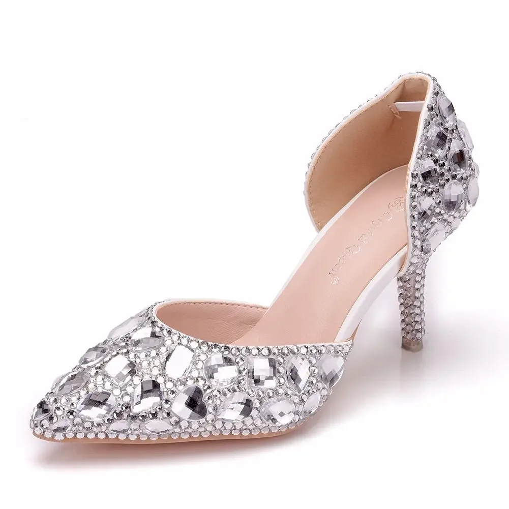 Zapatos de boda con diamantes de imitación, sandalias de dos piezas con tacón fino y Punta hueca, talla grande, 7,5 cm