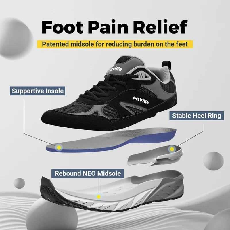 FitVille Mens Extra Wide Fit Trainers Walking Shoes With Arch Support High Rebound Comfortable Running Sneakers For Flat Feet
