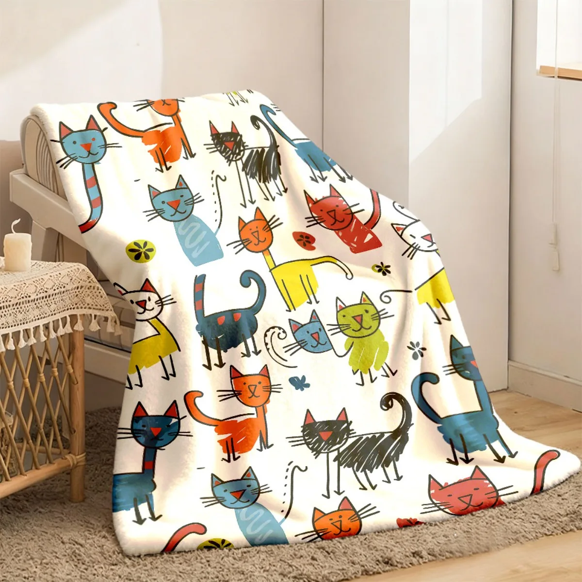 Cozy Cartoon Cat Print Throw Blanket for Sofa Lap Blanket Pet Lover Gift Nursery Home Decor Decoration