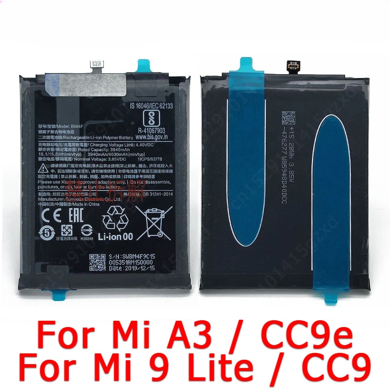 100% For Xiaomi Mi A3 9 Lite CC9 CC9e Battery BM4F 3940mAh Li-ion Built-in Batteries Replacement Spare Parts