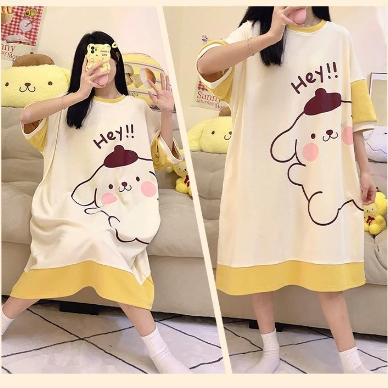 Cute Hello Kitty Kuromi Cinnamoroll cartoon kawaii girl summer short-sleeved long cotton nightgown that can be worn outside