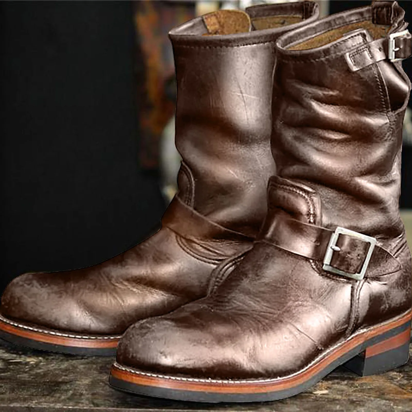 Men Boots Cowboy Rider Boots Belt Buckle Square Heel Mid Calf Winter PU Western Motorcycle Boots Work Safety Shoes