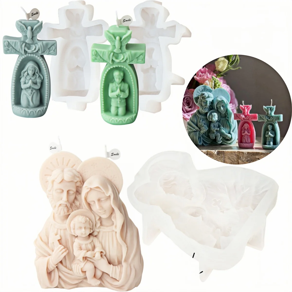 Praying Boy Girl Silicone Candle Mold Versatile Cross Angle Plaster Resin DIY Mold Holy Jesus Virgin Mary Family Mold Home Decor