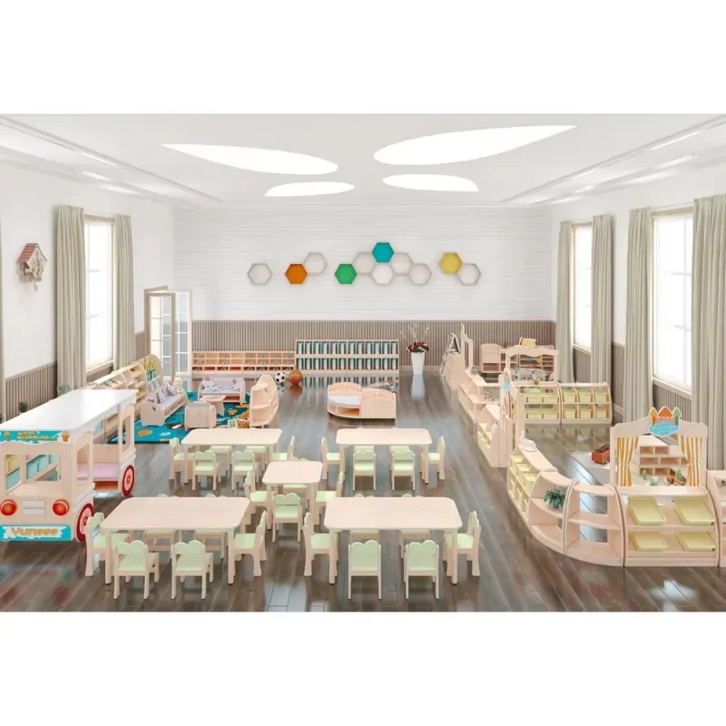 modern Kindergarten nursery decoration rustic student wooden furniture library 