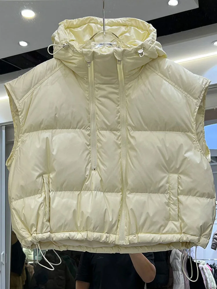 2024 New Women 90% White Duck Down Vest With Hood Autumn Winter Warm Over Size Casual Sleeveless Female Puffer Jacket