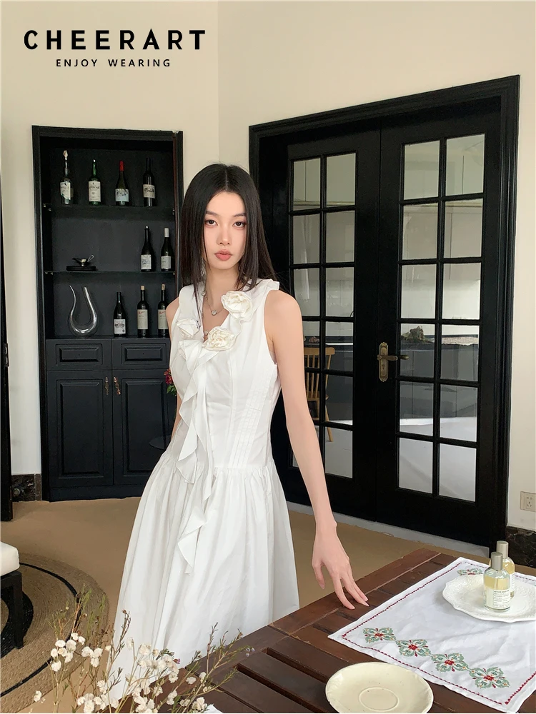 CHEERART Designer White Sleeveless Long Dresses Summer 2024 Woman Ruffles V Neck A Line Midi Dress Women Clothing