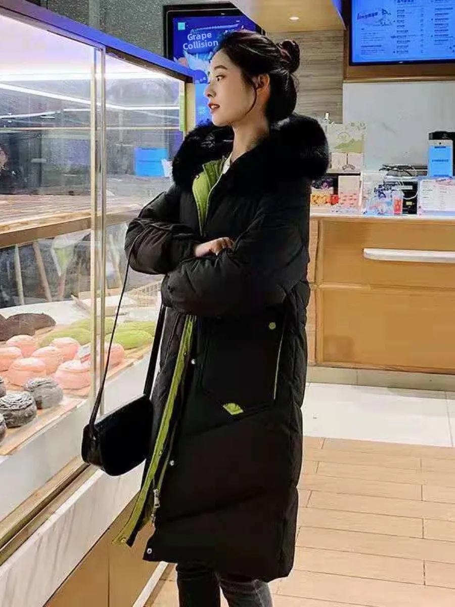 

Women's down Cotton Jacket Loose Fit Mid-Length Thickened Winter Outerwear Coat Korean Style Detachable Hood Woven Fabric