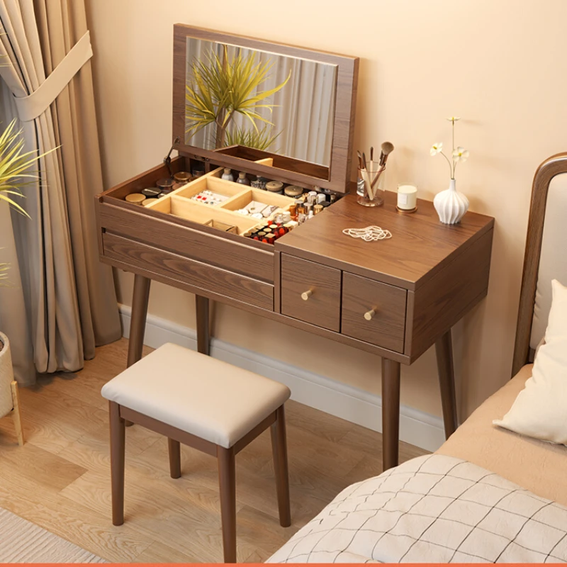 Modern bedroom dressing table, desk, integrated mirror, concealed dressing table, foldable storage cabinet, solid wood