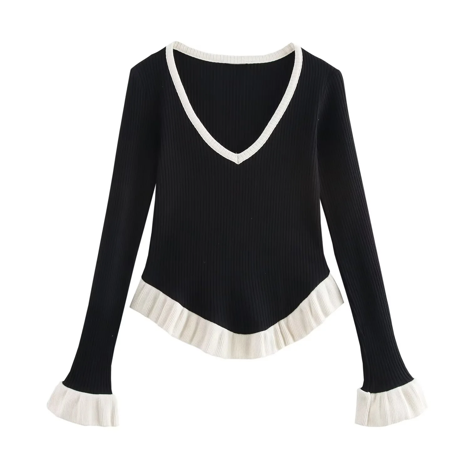 

2025 Spring And Autumn Black V-neck Pit Strip Slimming Short Style Irregular Hemp Knitted Sweater Top Sweater