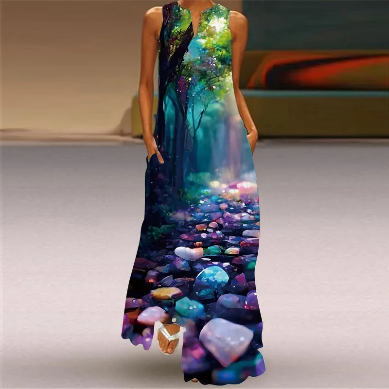 Vintage Print Maxi Kleid Für Frauen Sommer Lose Ärmellose Lange Kleider Elegante Dame V Neck Tasche Boho Strand Sommerkleid Vestidos