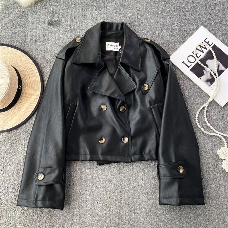 Vintage Casual Korte Faux Pu Leren Jas Met Losse Revers En Dubbele Rij Knopen Lange Mouwen Herfst Dames Biker Jack Streetwear