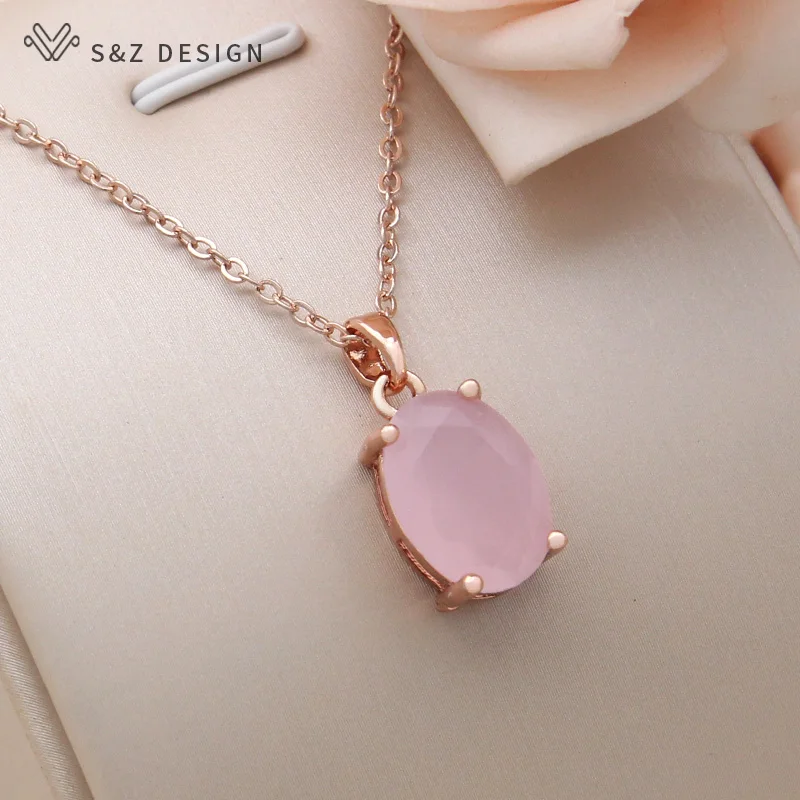 

S&Z DESIGN New Fashion Oval Egg Shape Crystal 585 Rose Gold Color Pendant Necklace For Women Wedding Romantic Jewelry Gift