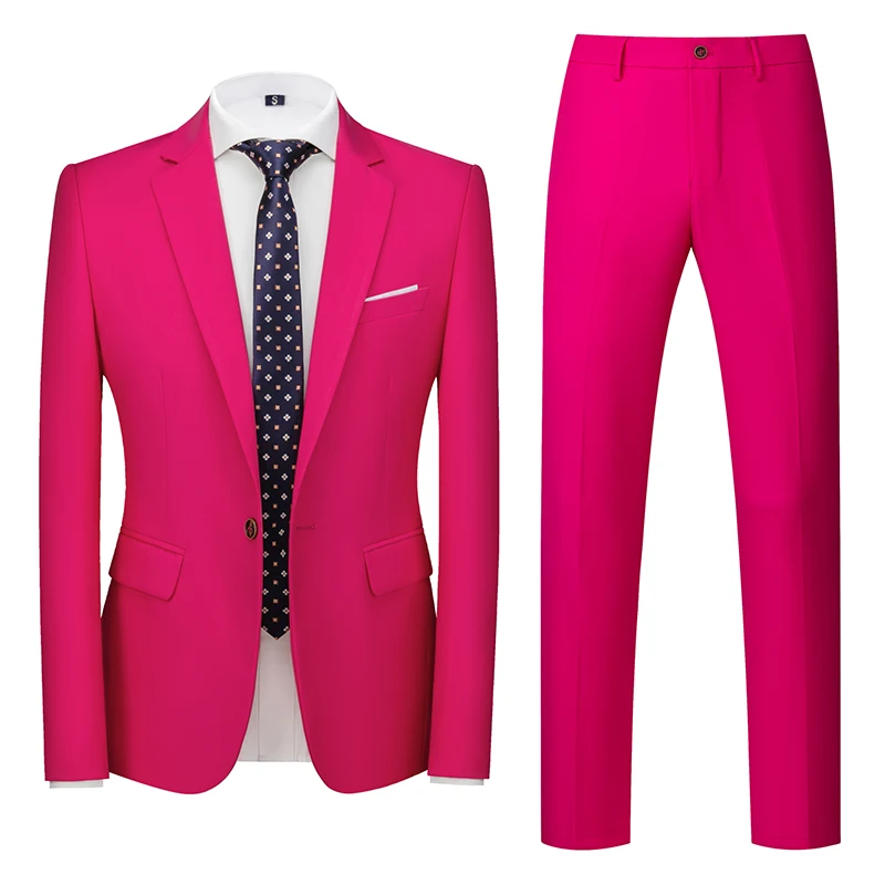 Men's Rose Red Suit Two-piece Set, Asian-sized Fitted Jacket Paired with Trousers, Men Wear for Wedding, Office or Interview.