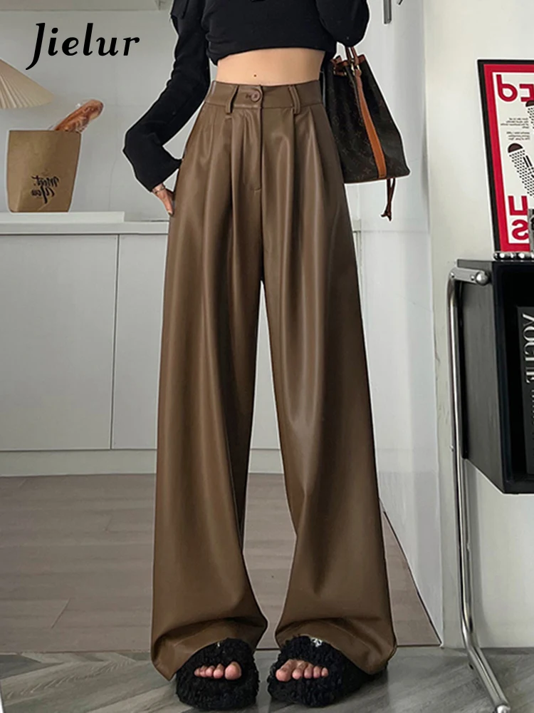 

Jielur New Pu Straight Fashion Female Wide Leg Pants Slim Casual Winter Loose Women's Trousers Chic Simple Office Ladies Black