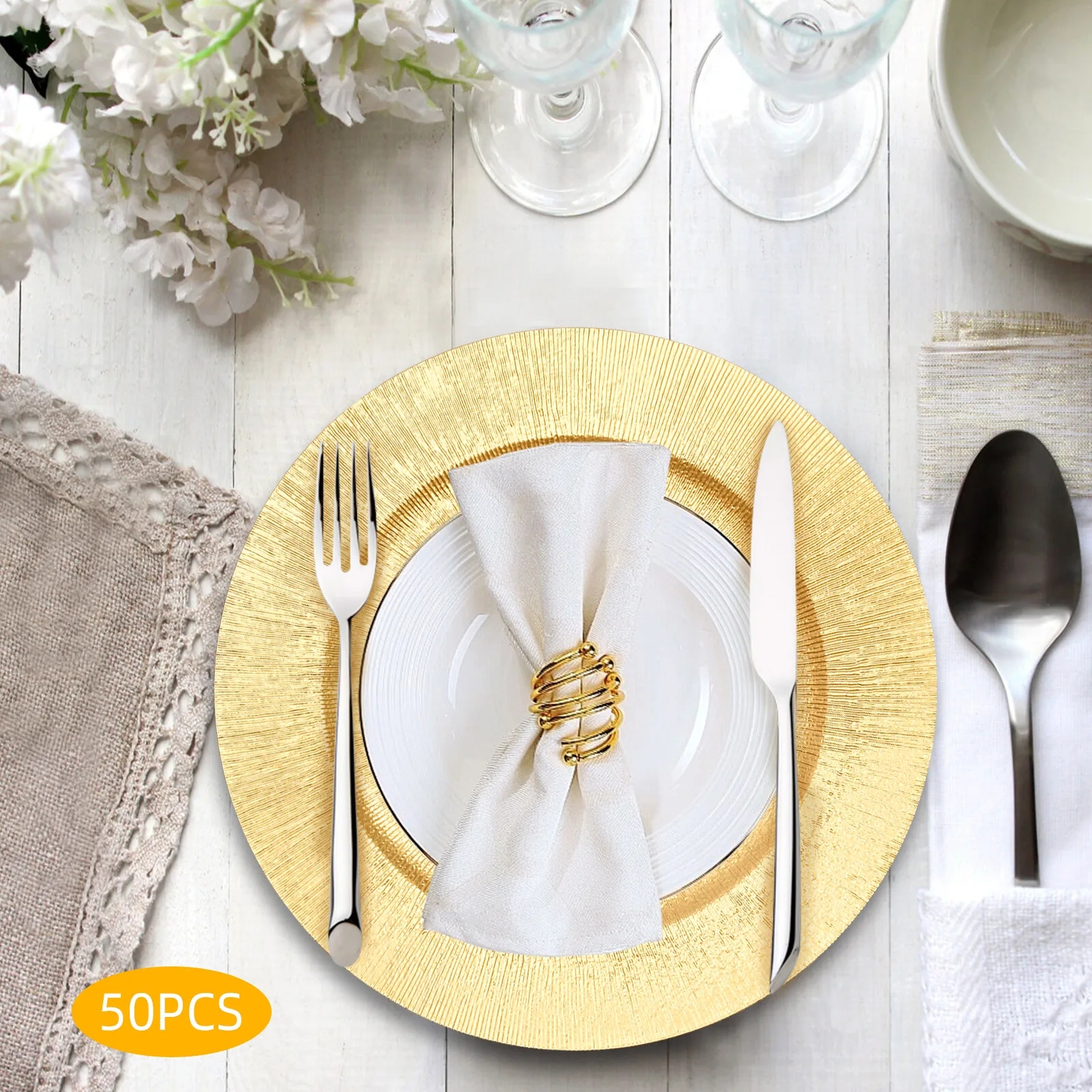 

50 Pcs Gold Charger Plates Set Round Dinner Plates Serving Plates Table Setting Salad Reef Plate Pad for Wedding Dinner Decor