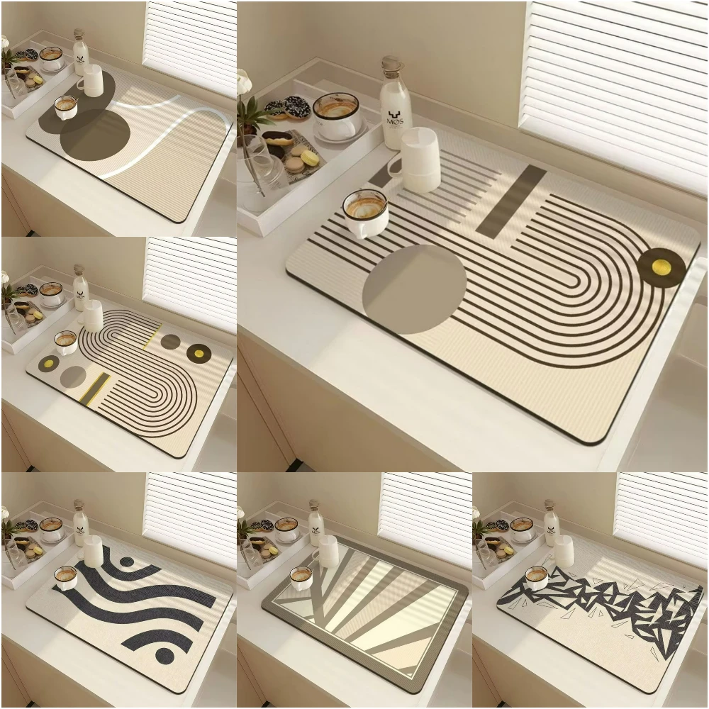 Stylish Line texture dot Diatom Mud Dish Drying Mat Super Absorbent NonSlip Kitchen Drain Pad For Tableware Coffee Machine Decor
