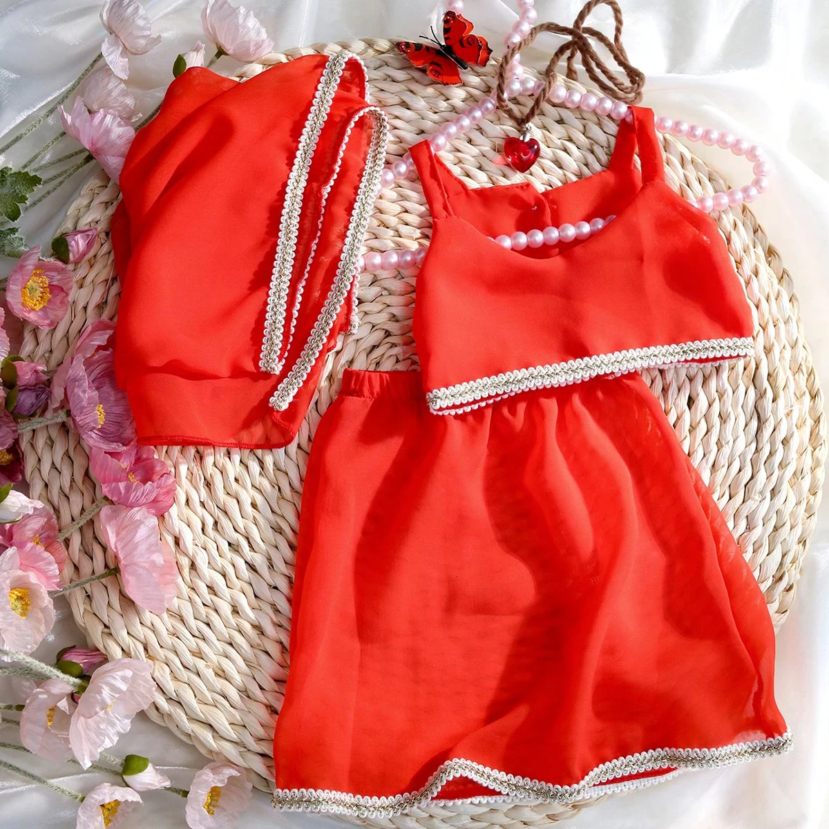 Ylsteed 4 Pieces Set Red Newborn Girl Shooting Outfits with Headscarf and Head Pendent Newborn Photography Props