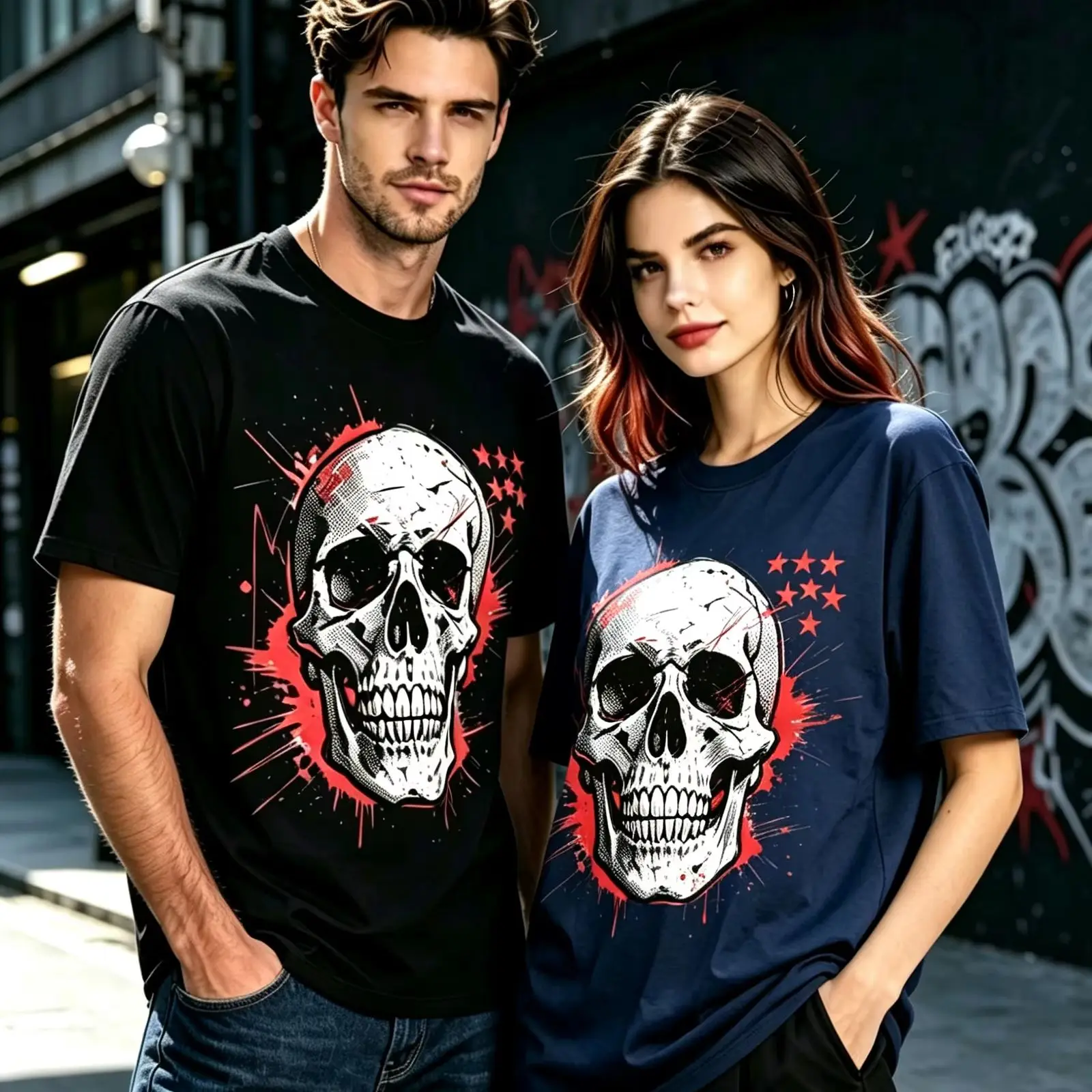 Skull With Red Splatter Stars Graphic T-Shirt Grunge Punk Splash Ink Retro Halftone Short Sleeve Tee