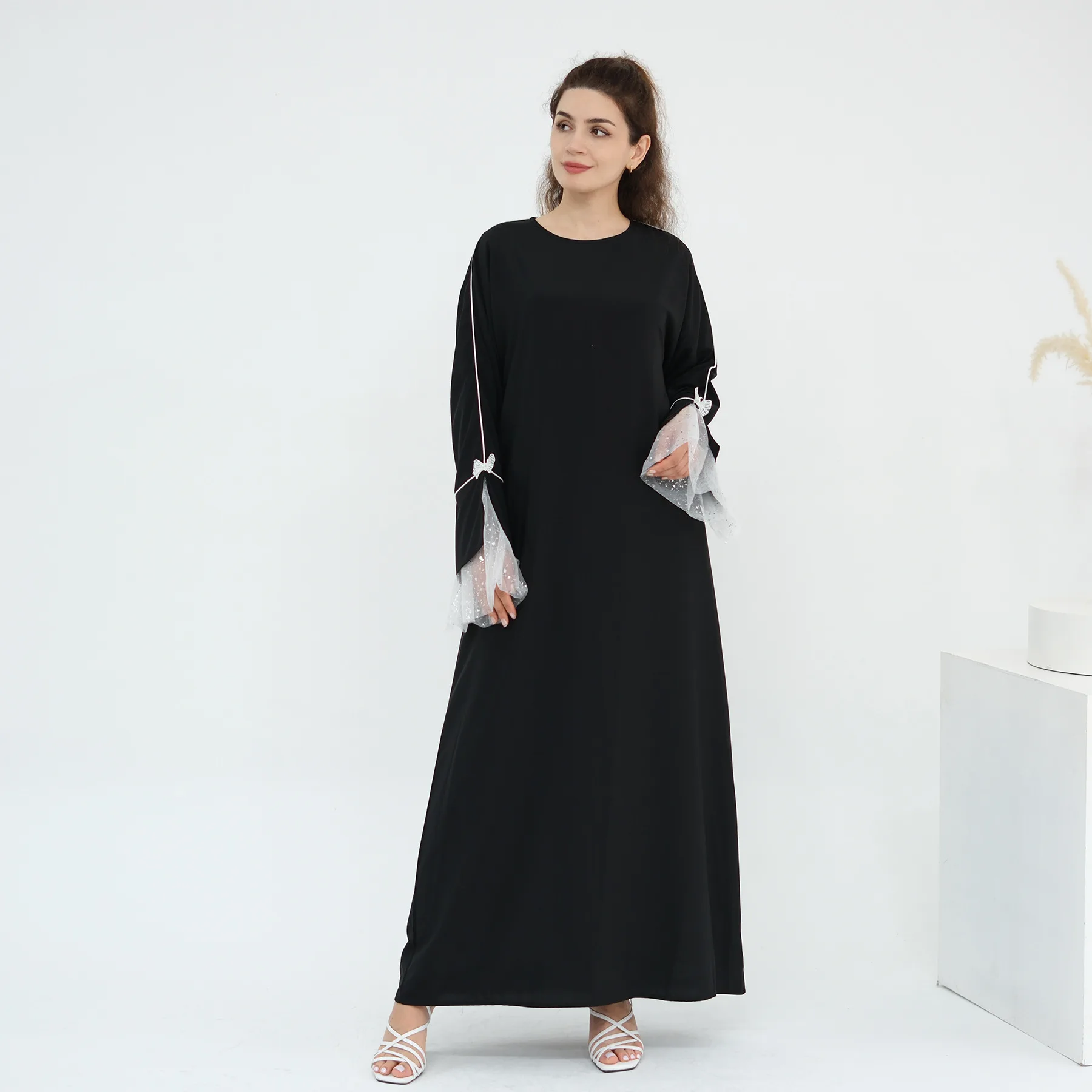 Eid negro de lujo musulmán Abaya abierta encaje Patchwork volantes manga vestido Casual Kaftan bata Ramadán Dubai Abayas turcas para mujeres