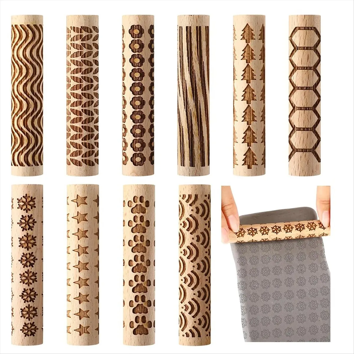 ABZT 10 Pcs Wooden Clay Texture Rollers Set for Pottery and Ceramics, Stamp Roller Tools for Slab Building Sculpting Handmade