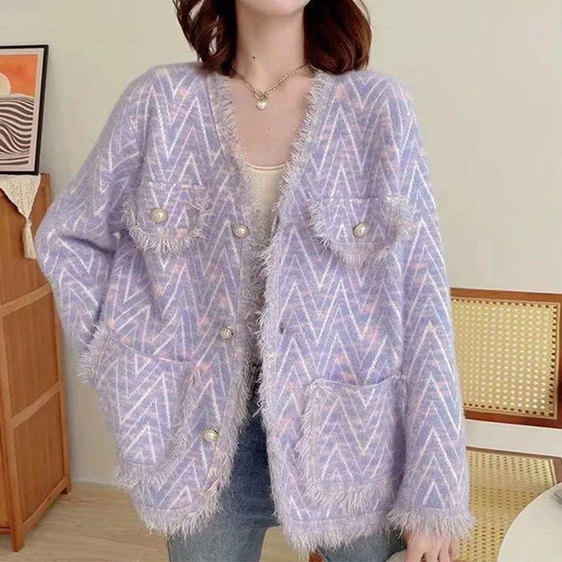 

Autumn Winter New Korean Women Tassel Sweaters Cardigan Fashion Faux Mink Cardigan Female V-Neck Pearls Single Breasted Outwear