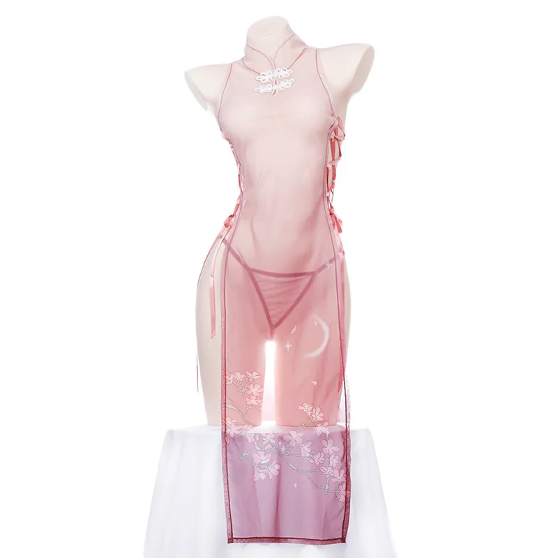 Anilv anime sakura cheongsam unform chi-pao feminino malha transparente flor vestido roxo qipao temperamento lingerie traje erótico