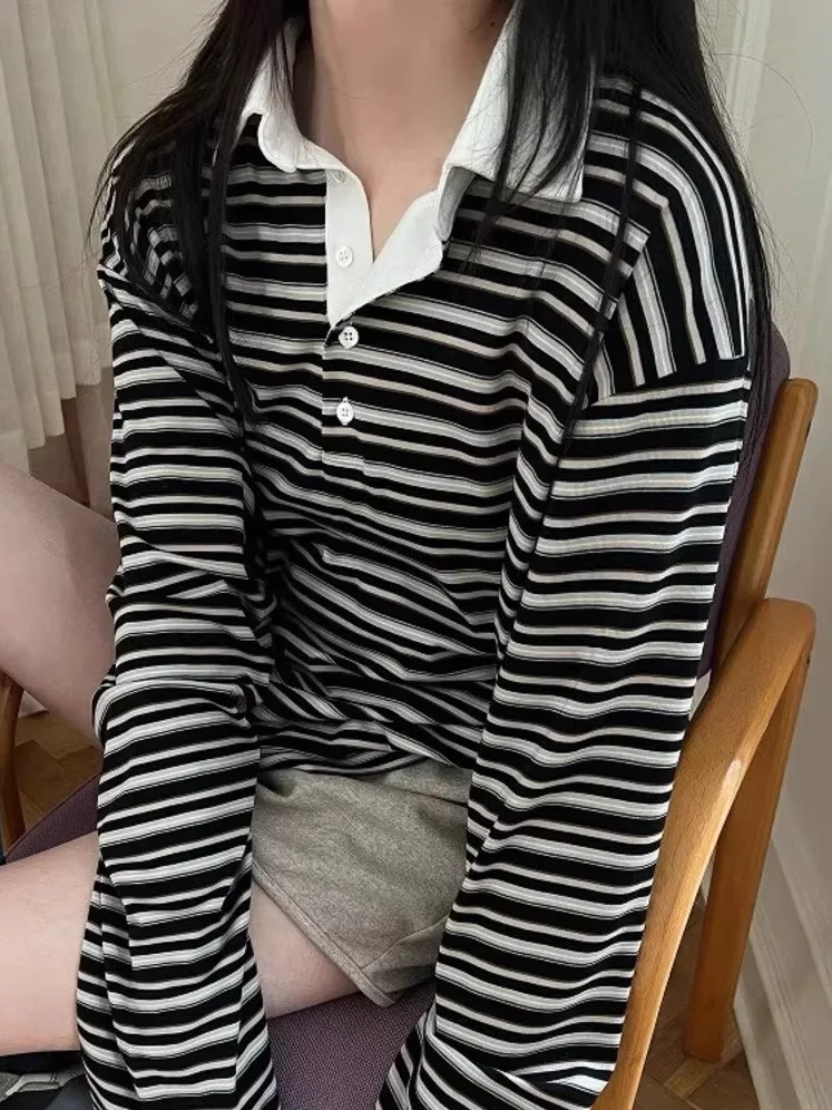 Retro Loose Long Sve Ne Gestreiftes T-Shirt Color Blo Casual Sle Damen Faion Sweet Fre Match All Long Sve Top