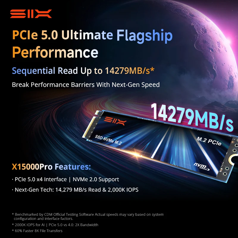 SIX 2 تيرابايت 14279 ميجابايت/ثانية SSD، M.2 PCIe Gen5x4 NVMe 2.0، 2 جيجابايت DRAM كاش، 1200 تيرابايت وات، SSD داخلي