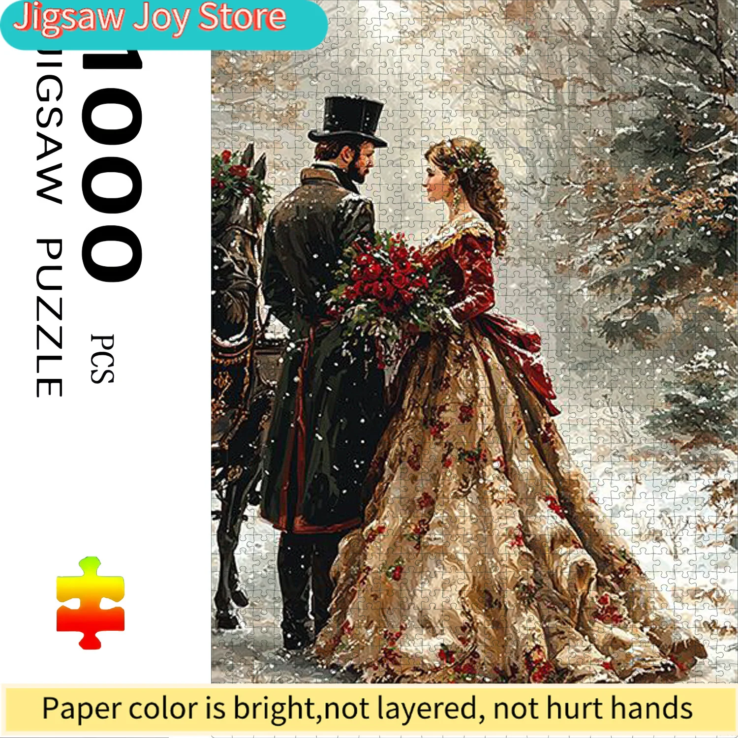 Vintage Couple Carriage Puzzle | 70cmX50cm Large Durable Cardboard Puzzle with Romantic Winter Snow Scene, Elegant Nostalgic