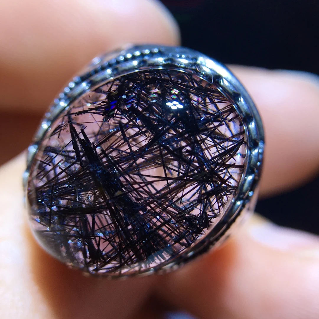 Natural Balck Rutilated Quartz Bead Ring Wealthy 18/14mm 925 Silver Woman Men Oval Lucky AAAAA