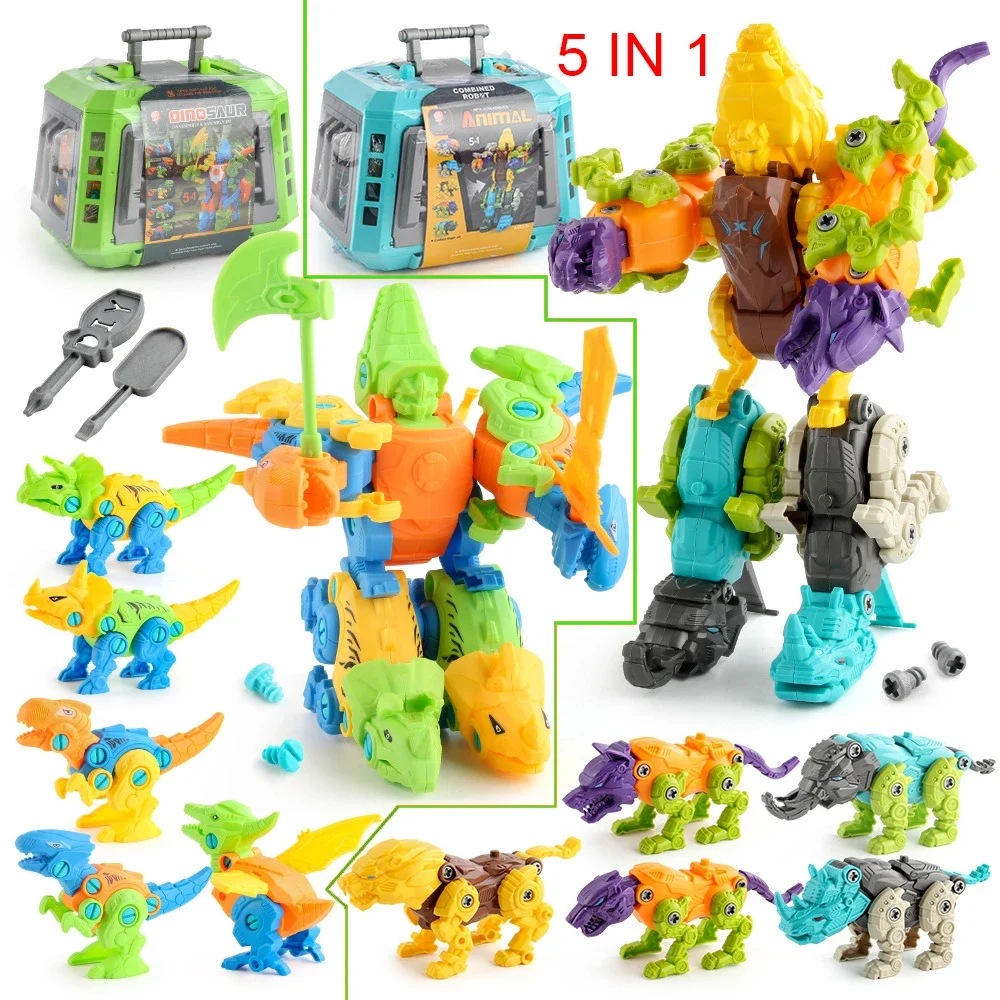 Dinosaur Transformation Robot Constructor Screw Toy, DIY Blocks Set, chave de fenda desmontagem, modelo de brinquedos para crianças, 5 em 1